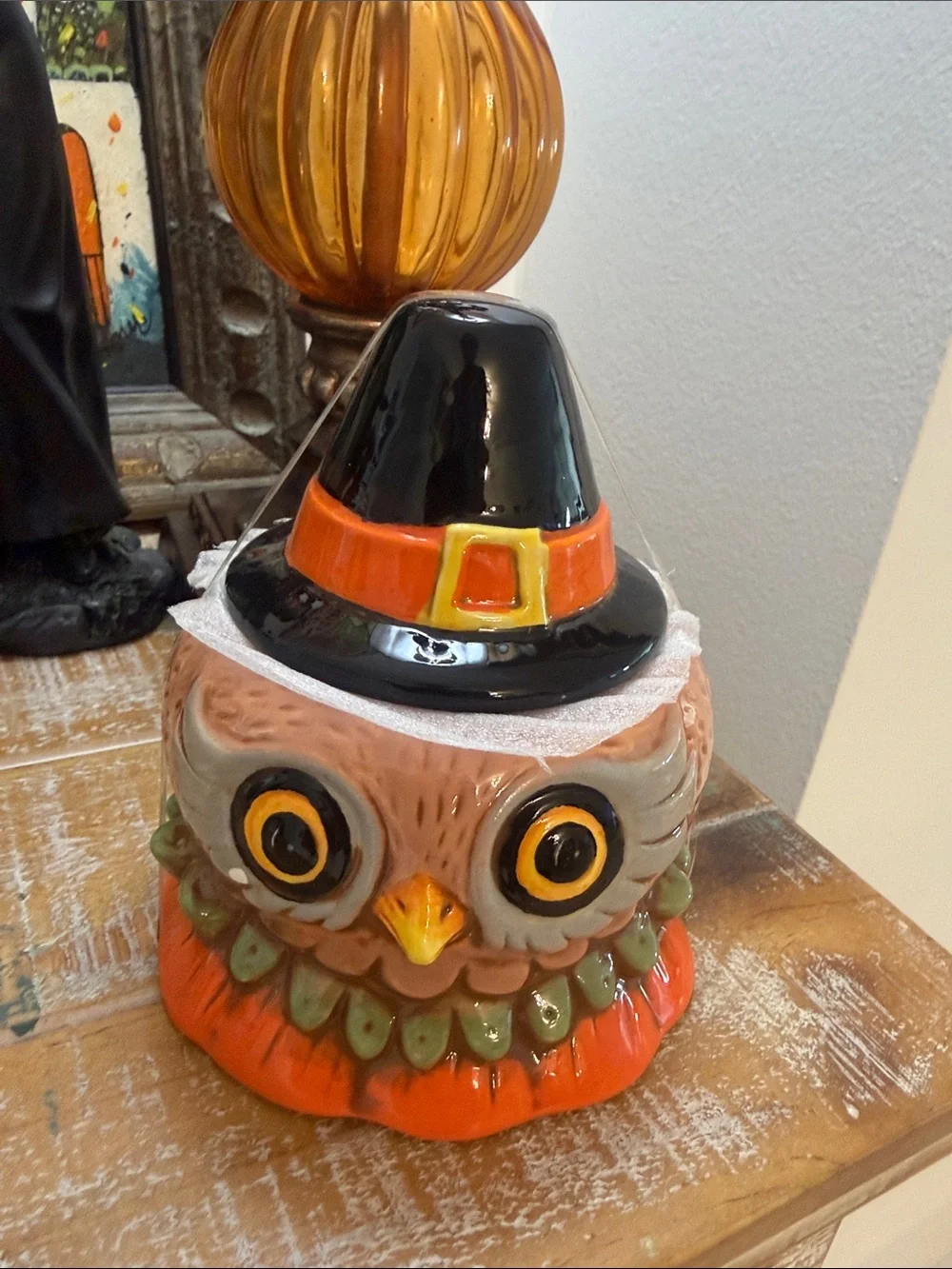 Johanna Parker Orange/Black/Brown Pilgrim Critter Owl Ceramic lidded candy jar